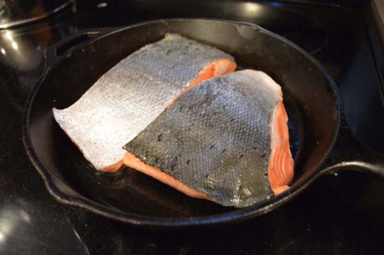 iron skillet cooked alaskan king salmon